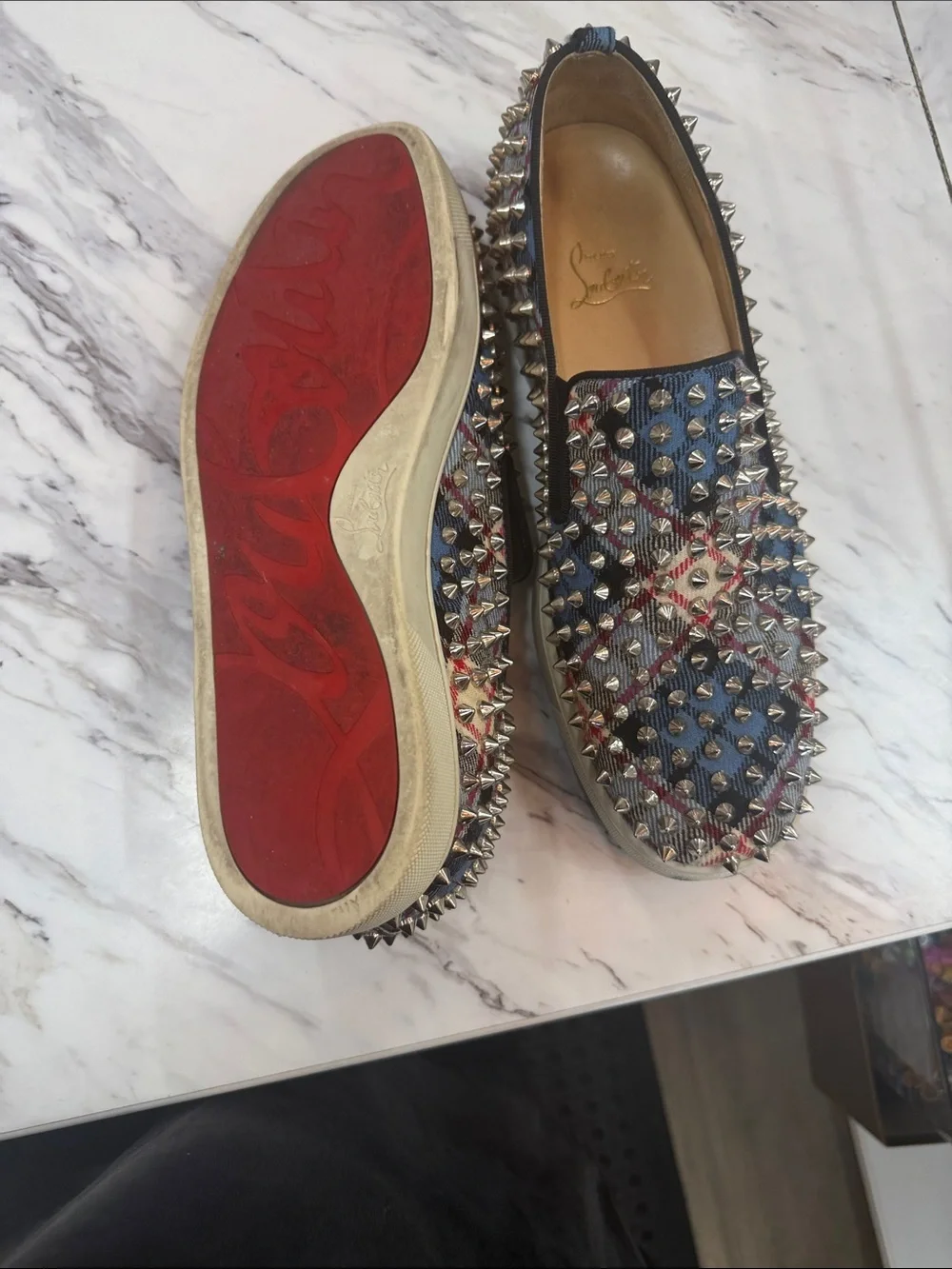 Christian Louboutin Blue Plaid Spike-Embellished Slip-Ons